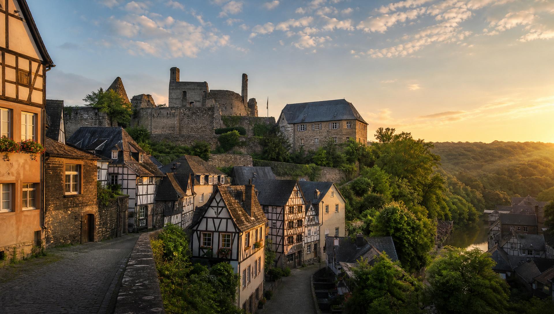 Malerische Fachwerkhäuser und Burg in Stolberg